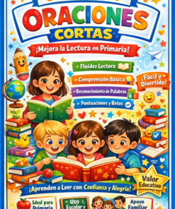 Portada ilustrada a todo color de un cuaderno de ejercicios para niños titulado "Cuadernillo de Oraciones Cortas", en el que aparecen niños felices leyendo libros, rodeados de estrellas, tildes y pancartas de colores que destacan sus beneficios educativos.