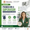 Gráfico promocional para un paquete de promoción de supervisores en la enseñanza secundaria superior, con una mujer sonriente vestida de traje, iconos, listas de comprobación y texto en el que se detallan los requisitos de solicitud y las ventajas.