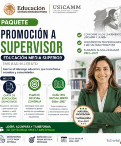 Gráfico promocional para un paquete de promoción de supervisores en la enseñanza secundaria superior, con una mujer sonriente vestida de traje, iconos, listas de comprobación y texto en el que se detallan los requisitos de solicitud y las ventajas.