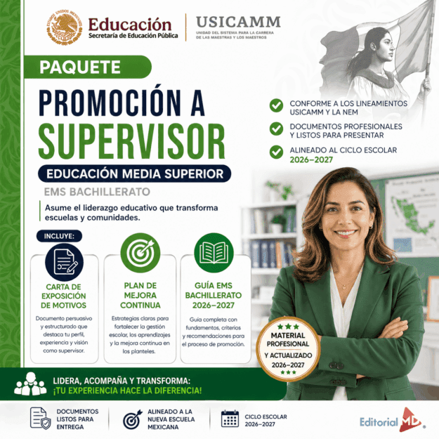 Paquete Promoción a SUPERVISOR ESCOLAR – Educación Media Superior (Carta de Exposición de Motivos + Plan de Mejora Continua + Guía EMS) EMS BACHILLERATO 2026–2027 1 Gráfico promocional para un paquete de promoción de supervisores en la enseñanza secundaria superior, con una mujer sonriente vestida de traje, iconos, listas de comprobación y texto en el que se detallan los requisitos de solicitud y las ventajas.