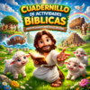 Colorida ilustración de un hombre alegre con barba que sostiene una Biblia, rodeado de ovejas y niños sonrientes, con escenas bíblicas como el Arca de Noé y la Torre de Babel de fondo. El texto en español promociona un libro de actividades bíblicas.