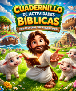 Colorida ilustración de un hombre alegre con barba que sostiene una Biblia, rodeado de ovejas y niños sonrientes, con escenas bíblicas como el Arca de Noé y la Torre de Babel de fondo. El texto en español promociona un libro de actividades bíblicas.