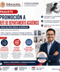 Gráfica promocional de un paquete para ser Jefe de Departamento Académico en educación media superior, enlistando contenidos como guía de carta de intención, plan de mejora académica y alineado al ciclo escolar 2026-2027.