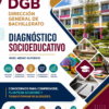 Cartel para la Dirección General de Bachillerato sobre una evaluación socioeducativa, con iconos, diseños geométricos coloridos, un edificio escolar moderno y texto que destaca valores como el respeto, la perseverancia y la excelencia.