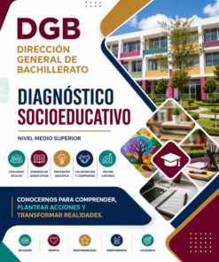 Cartel para la Dirección General de Bachillerato sobre una evaluación socioeducativa, con iconos, diseños geométricos coloridos, un edificio escolar moderno y texto que destaca valores como el respeto, la perseverancia y la excelencia.