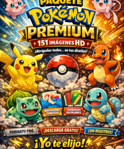 Colorido póster que anuncia un paquete premium de Pokémon con 151 imágenes en alta definición, en las que aparecen Pikachu, Jigglypuff, Charmander, Bulbasaur y Squirtle alrededor de una Poké Ball, con texto que promociona las descargas gratuitas y las invitaciones temáticas.