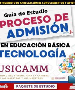 Portada de una guía de estudio para el proceso de admisión en tecnología de educación básica, con texto en negritas e íconos relacionados con la tecnología. La guía está asociada con USICAMM y la Secretaría de Educación Pública de México.