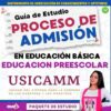 Portada de una guía de estudio para el proceso de admisión al USICAMM en educación básica, nivel preescolar. Incluye texto en negritas y una mujer sonriente con lentes y camisa de Minnie Mouse. Los colores morado y rosa dominan el diseño.