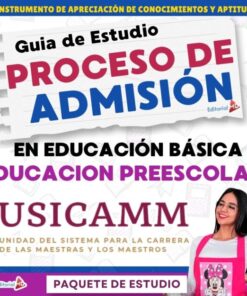 Portada de una guía de estudio para el proceso de admisión al USICAMM en educación básica, nivel preescolar. Incluye texto en negritas y una mujer sonriente con lentes y camisa de Minnie Mouse. Los colores morado y rosa dominan el diseño.