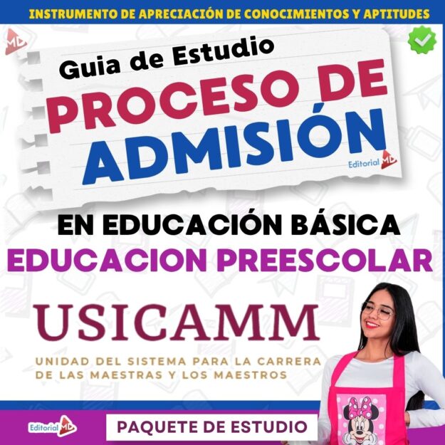Guía de Estudio Admisión EDUCACION INICIAL Y PREESCOLAR- USICAMM 2026 - 2027 + (Simulador 90 Reactivos) 1 Portada de una guía de estudio para el proceso de admisión al USICAMM en educación básica, nivel preescolar. Incluye texto en negritas y una mujer sonriente con lentes y camisa de Minnie Mouse. Los colores morado y rosa dominan el diseño.
