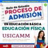 Portada de una guía de estudio para el ingreso a la USICAMM en educación física en el nivel de educación básica. Presenta texto en negritas, coloridos resaltados y una mujer sonriente sosteniendo libros, con un gesto de pulgar hacia arriba.