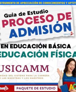 Portada de una guía de estudio para el ingreso a la USICAMM en educación física en el nivel de educación básica. Presenta texto en negritas, coloridos resaltados y una mujer sonriente sosteniendo libros, con un gesto de pulgar hacia arriba.