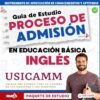 Guía de estudio para el proceso de admisión en educación básica, inglés, USICAMM. Imagen de un hombre sonriente con suéter marrón, logos de Editorial MD y Educación en la parte inferior. Diseño en tonos rojo, azul y blanco.