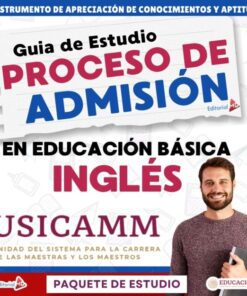 Guía de estudio para el proceso de admisión en educación básica, inglés, USICAMM. Imagen de un hombre sonriente con suéter marrón, logos de Editorial MD y Educación en la parte inferior. Diseño en tonos rojo, azul y blanco.