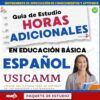 Portada de una guía de estudio en español titulada "Guía de Estudio Horas Adicionales en Educación Básica Español", en la que aparece una mujer sonriente sosteniendo carpetas y documentos, con textos y logotipos de colores.