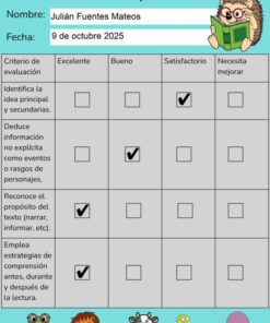 Una rúbrica de comprensión lectora para tercer grado con cuatro criterios, calificados como 