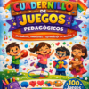 Colorida portada de un libro de actividades educativas en español para niños de preescolar y primaria, que muestra a niños sonrientes jugando con pelotas, rompecabezas y pintura, rodeados de arco iris, estrellas e iconos educativos.