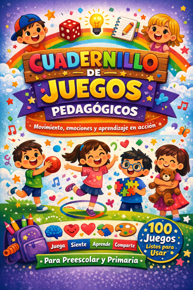 Cuadernillo 100 Juegos Lúdicos NEM Preescolar y Primaria 1 Colorida portada de un libro de actividades educativas en español para niños de preescolar y primaria, que muestra a niños sonrientes jugando con pelotas, rompecabezas y pintura, rodeados de arco iris, estrellas e iconos educativos.