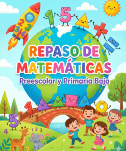 Colorida portada para un cuaderno de matemáticas titulado "Repaso de Matemáticas Preescolar y Primaria Baja", con niños, animales, números, formas, un cohete y un globo terráqueo, en una divertida escena al aire libre.