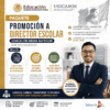 Folleto promocional para un paquete de promoción de director de escuela, con un hombre sonriente con traje e iconos educativos. Destaca documentos y guías para aspirantes a directores de instituto para el curso escolar 2026-2027.