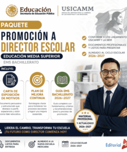 Folleto promocional para un paquete de promoción de director de escuela, con un hombre sonriente con traje e iconos educativos. Destaca documentos y guías para aspirantes a directores de instituto para el curso escolar 2026-2027.