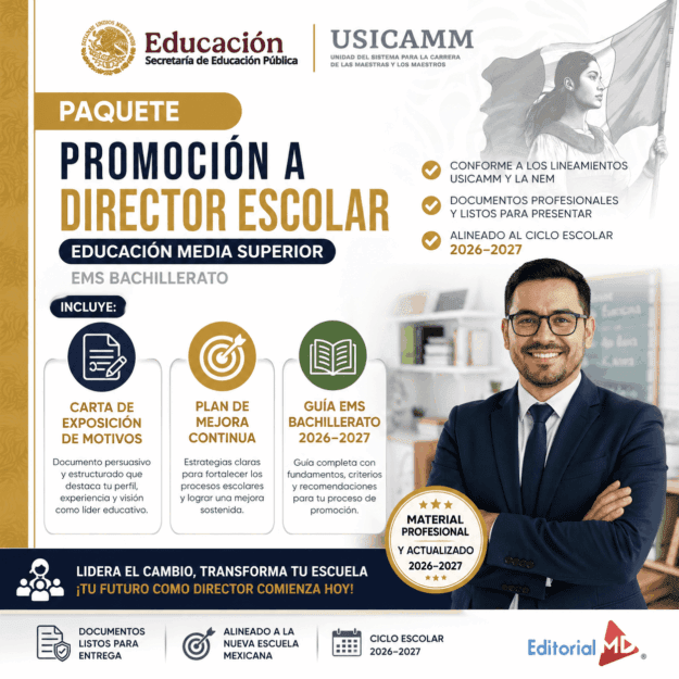 Paquete Promoción a DIRECTOR ESCOLAR – Educación Media Superior (Carta de Exposición de Motivos + Plan de Mejora Continua + Guía EMS) EMS BACHILLERATO 2026–2027 1 Folleto promocional para un paquete de promoción de director de escuela, con un hombre sonriente con traje e iconos educativos. Destaca documentos y guías para aspirantes a directores de instituto para el curso escolar 2026-2027.