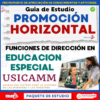 Portada de una guía de estudio titulada "Promoción Horizontal Funciones de Dirección en Educación Especial USICAMM", que muestra a dos mujeres interactuando en un aula con un niño utilizando un ordenador portátil. Se ven los logotipos de Editorial MD y Educación.