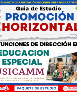 Portada de una guía de estudio titulada "Promoción Horizontal Funciones de Dirección en Educación Especial USICAMM", que muestra a dos mujeres interactuando en un aula con un niño utilizando un ordenador portátil. Se ven los logotipos de Editorial MD y Educación.