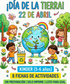 Ilustración de niños que cuidan la Tierra regando plantas, reciclando plástico y plantando flores. La Tierra sonríe, rodeada de animales y naturaleza. El texto promueve las actividades del Día de la Tierra para niños de 5 a 6 años, el 22 de abril.
