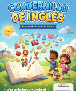Colorida portada de un cuaderno de inglés para primaria que muestra niños felices, un libro abierto con iconos educativos (letras, números, animales), cielo soleado, casas y animales juguetones. Texto: "Cuadernillo de Inglés, Fase 3".