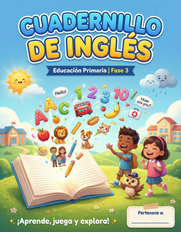 Cuadernillo de Inglés – Primaria NEM | Fase 3 1 Colorida portada de un cuaderno de inglés para primaria que muestra niños felices, un libro abierto con iconos educativos (letras, números, animales), cielo soleado, casas y animales juguetones. Texto: "Cuadernillo de Inglés, Fase 3".