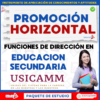 Imagen promocional para un paquete de estudios sobre promoción horizontal y funciones directivas en la enseñanza secundaria. Muestra a una mujer sonriente que sostiene libros y logotipos educativos. El texto destaca USICAMM y Editorial MD.
