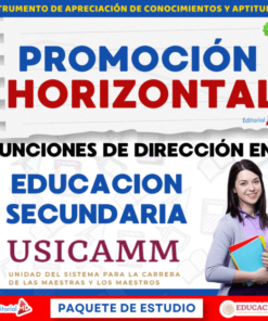 Imagen promocional para un paquete de estudios sobre promoción horizontal y funciones directivas en la enseñanza secundaria. Muestra a una mujer sonriente que sostiene libros y logotipos educativos. El texto destaca USICAMM y Editorial MD.