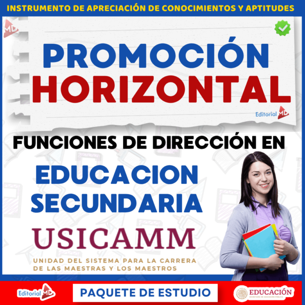 Guía de Estudio PROMOCIÓN HORIZONTAL Educación SECUNDARIA – USICAMM 2026 – 2027 + (Simulador 90 Reactivos) 1 Imagen promocional para un paquete de estudios sobre promoción horizontal y funciones directivas en la enseñanza secundaria. Muestra a una mujer sonriente que sostiene libros y logotipos educativos. El texto destaca USICAMM y Editorial MD.