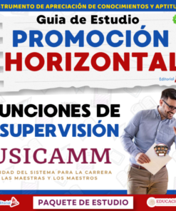 Portada de una guía de estudio titulada "Promoción Horizontal. Funciones de Supervisión USICAMM", con personas trabajando y discutiendo al fondo. Se ven los logotipos de la Editorial MD y de la Secretaría de Educación de México.