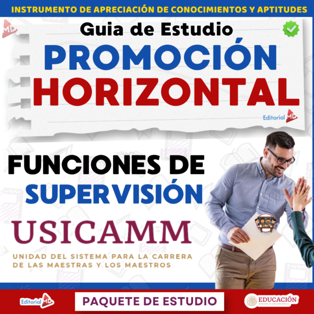 Guía de Estudio PROMOCIÓN HORIZONTAL SUPERVISIÓN – USICAMM 2026 – 2027 + (Simulador 90 Reactivos) 1 Portada de una guía de estudio titulada "Promoción Horizontal. Funciones de Supervisión USICAMM", con personas trabajando y discutiendo al fondo. Se ven los logotipos de la Editorial MD y de la Secretaría de Educación de México.