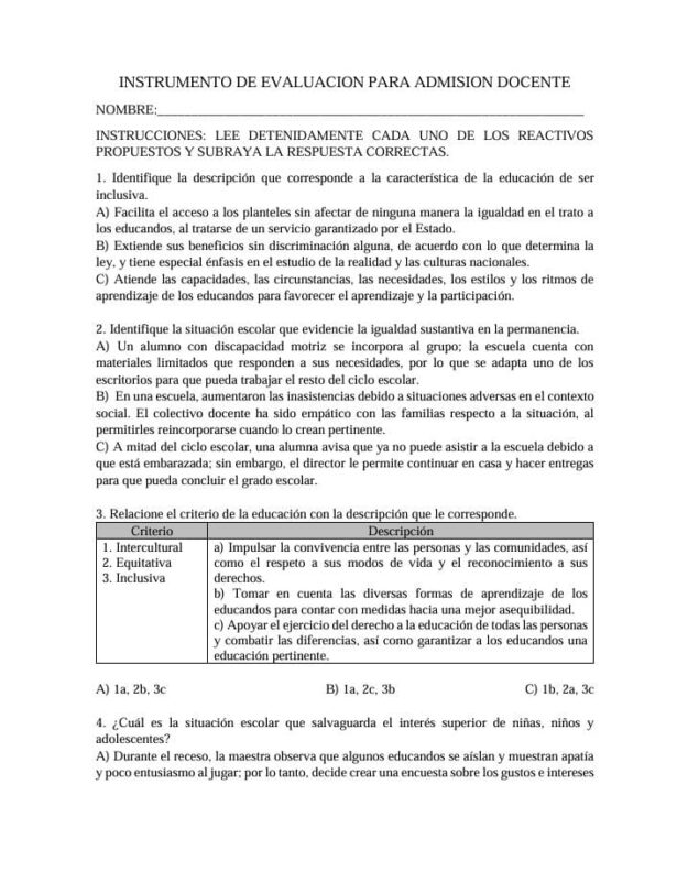 INSTRUMENTO DE EVALUACION PARA ADMISION DOCENTE 1 INSTRUMENTO DE EVALUACION PARA ADMISION DOCENTE