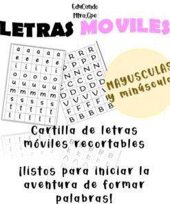 Cartilla con letras recortables en mayúsculas y minúsculas para formar palabras, con el título "Letras Móviles" en grande y un texto que invita a recortar y usar las letras.