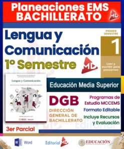 Gráfico promocional para un curso de bachillerato "Lengua y Comunicación 1° Semestre" con logotipos, la imagen de un libro de texto y frases que destacan recursos, formatos editables y programas educativos. Los colores son rojo, azul, amarillo y blanco.
