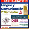 Portada de un recurso educativo para "Lengua y Comunicación 1º Semestre" de bachillerato. Incluye logotipos, bloques de texto a color e imagen de portada del libro con ilustraciones de personas, así como menciones a formatos editables y programas oficiales.