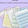 Cinco coloridas rúbricas de registro de tareas para docentes con columnas para los nombres de los alumnos y los detalles de las tareas, dispuestas en abanico sobre un fondo morado. El texto superior dice "EduCando Mtva.Gpe, Rúbricas de registro de tareas para docentes".