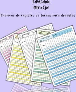 Cinco coloridas rúbricas de registro de tareas para docentes con columnas para los nombres de los alumnos y los detalles de las tareas, dispuestas en abanico sobre un fondo morado. El texto superior dice "EduCando Mtva.Gpe, Rúbricas de registro de tareas para docentes".