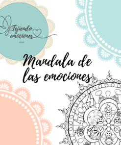 Una imagen decorativa con círculos de color pastel, el texto "Mandala de las emociones", un logotipo que reza "Tejiendo emociones" y un mandala detallado con varios rostros que expresan distintas emociones.