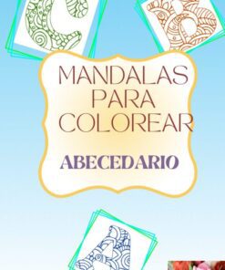Portada con letras C, B y A, coloridas y decorativas, y el texto "Mandalas para colorear abecedario" en español, sobre fondo azul degradado con un pequeño logotipo en la esquina inferior derecha.