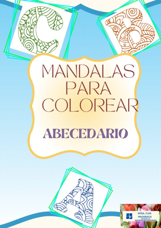 MANDALAS PARA COLOREAR ABECEDARIO 1 Portada con letras C, B y A, coloridas y decorativas, y el texto "Mandalas para colorear abecedario" en español, sobre fondo azul degradado con un pequeño logotipo en la esquina inferior derecha.