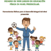 Un sonriente entrenador sostiene un balón de fútbol, rodeado de siete felices niños en edad preescolar. El texto de arriba dice: "Fichero de 1000 juegos de educación física en nivel preescolar. Herramientas lúdicas para el desarrollo integral del nivel preescolar".