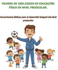 Un sonriente entrenador sostiene un balón de fútbol, rodeado de siete felices niños en edad preescolar. El texto de arriba dice: "Fichero de 1000 juegos de educación física en nivel preescolar. Herramientas lúdicas para el desarrollo integral del nivel preescolar".