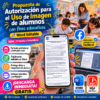 Gráfico promocional a color en español para una plantilla Word editable para autorizar el uso de imágenes de estudiantes con fines educativos, que muestra listas de comprobación, un aula y una mano que sostiene un teléfono mostrando el documento de autorización.