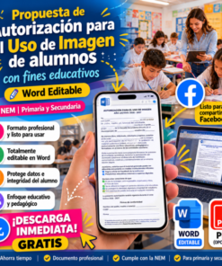 Gráfico promocional a color en español para una plantilla Word editable para autorizar el uso de imágenes de estudiantes con fines educativos, que muestra listas de comprobación, un aula y una mano que sostiene un teléfono mostrando el documento de autorización.