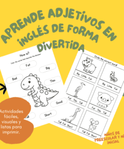 Fichas educativas para niños en edad preescolar con adjetivos en inglés para aprender coloreando y rodeando palabras.